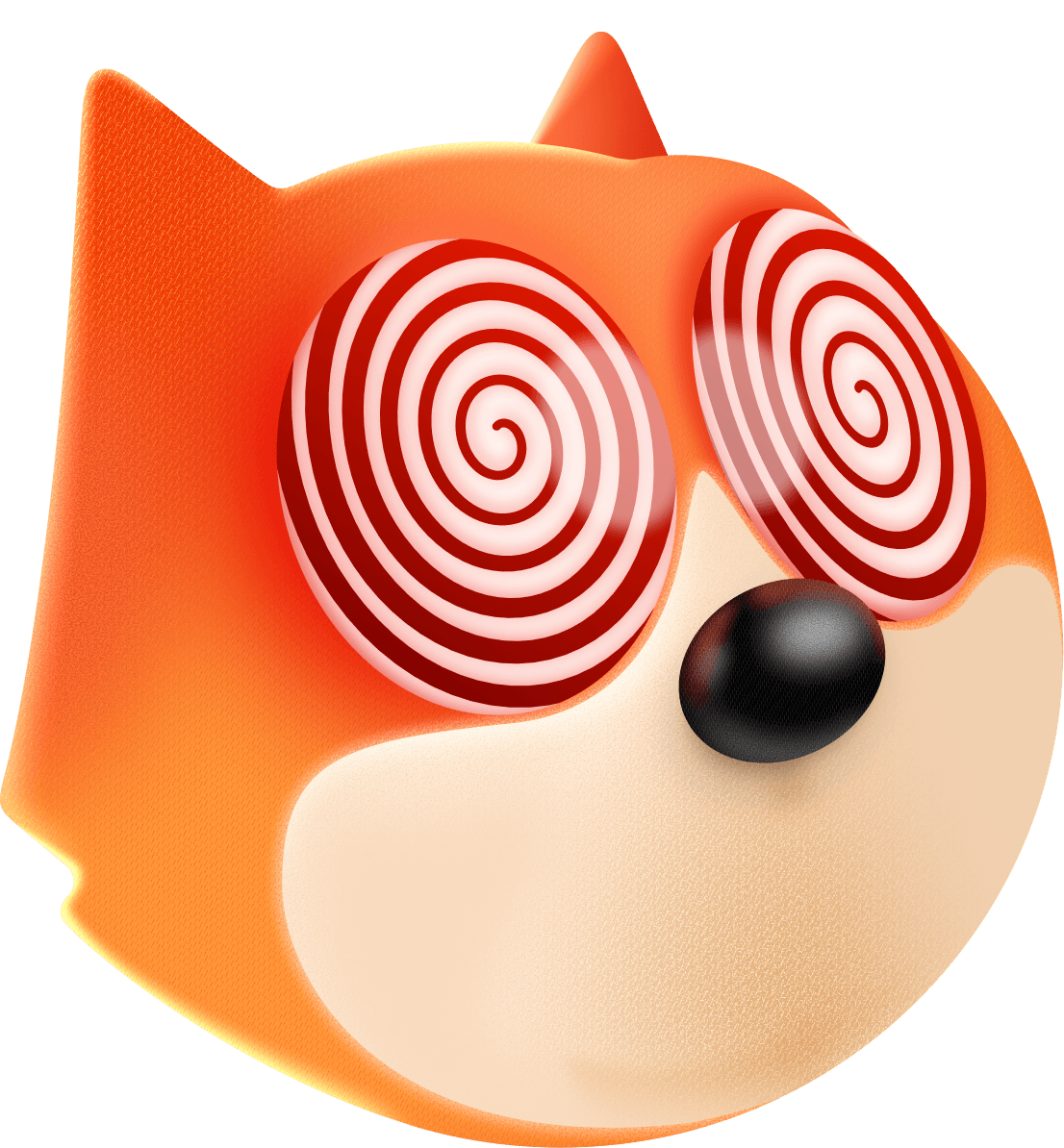 Illustrated fox character with hypnotic spiral eyes