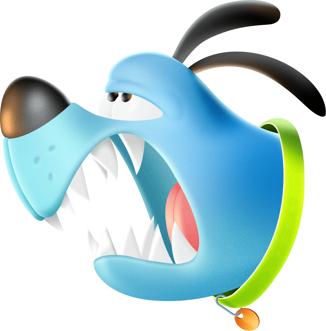 Toothy blue monster character with a lime-green collar
