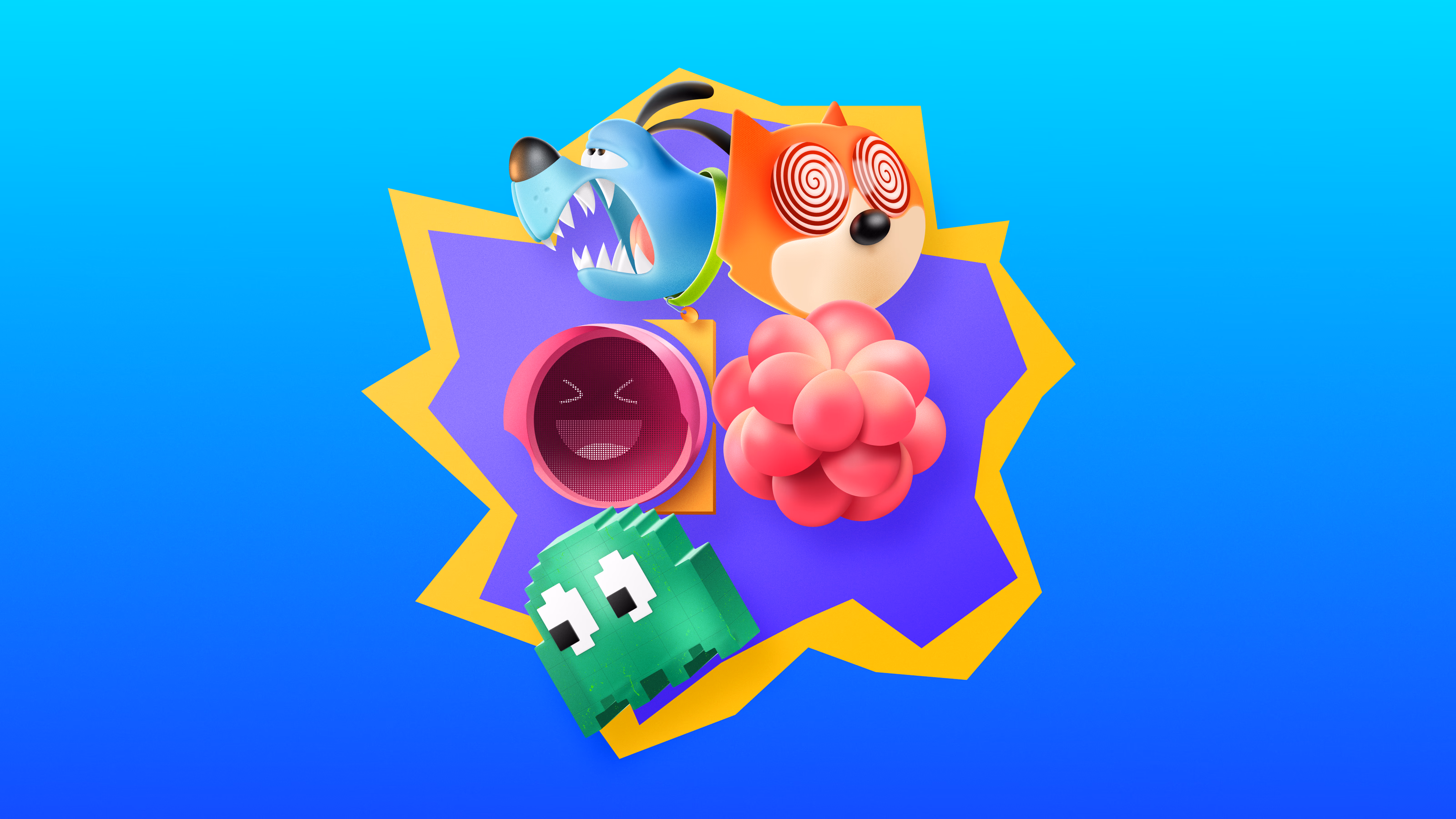 Five vector characters arranged on the Figma logo shape